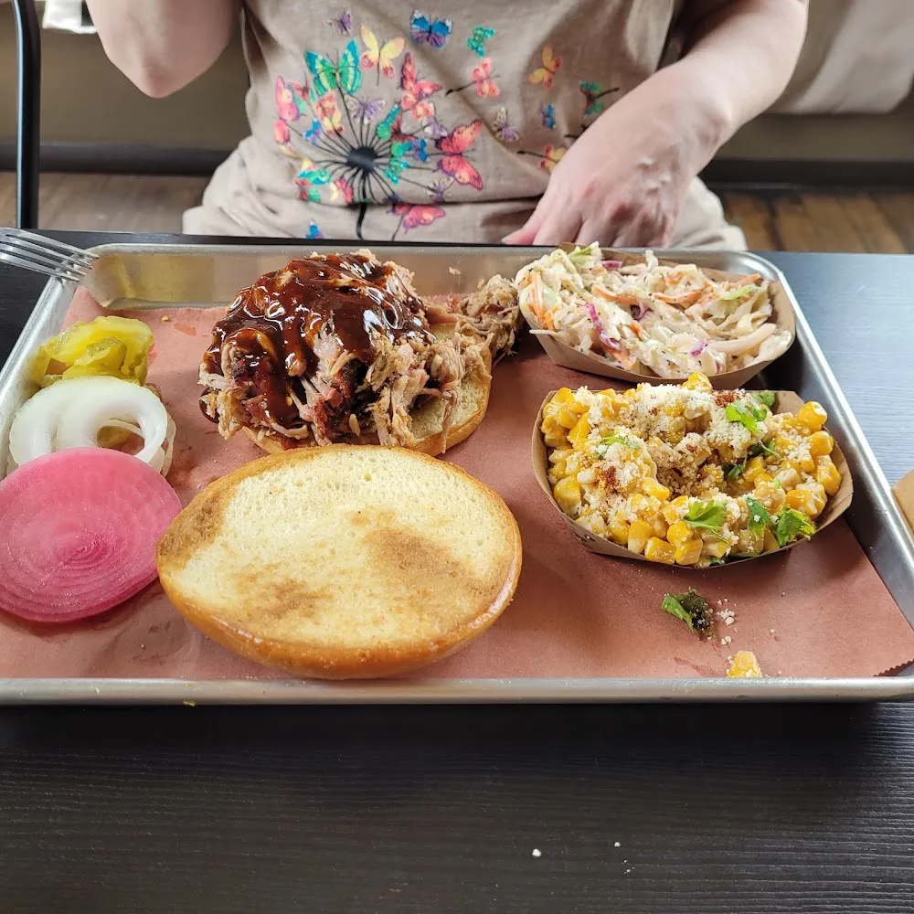 Pork Sandwich with Cole Slaw and Street Corn